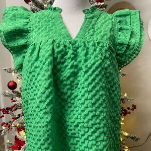 Entro Green Christmas Holiday Gingham Ruffle Sleeved Blouse Large